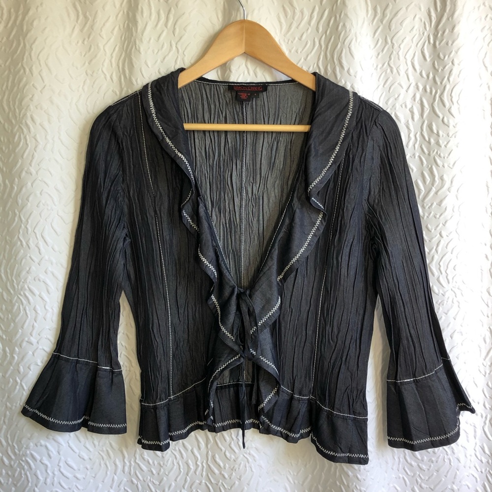 Simon Chang Dark Wash Denim Look Ruffle Blouse